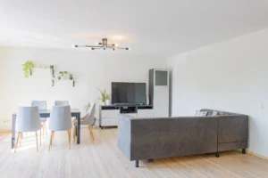 Šviesus svetainės ir valgomojo erdvės interjeras su balta sofa ir modernia lempa